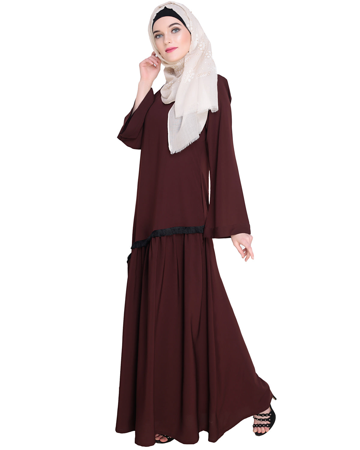 Fringe Lace Abaya Brown