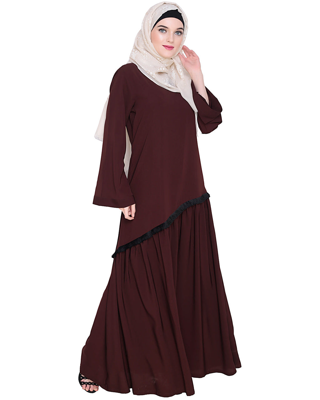 Fringe Lace Abaya Brown