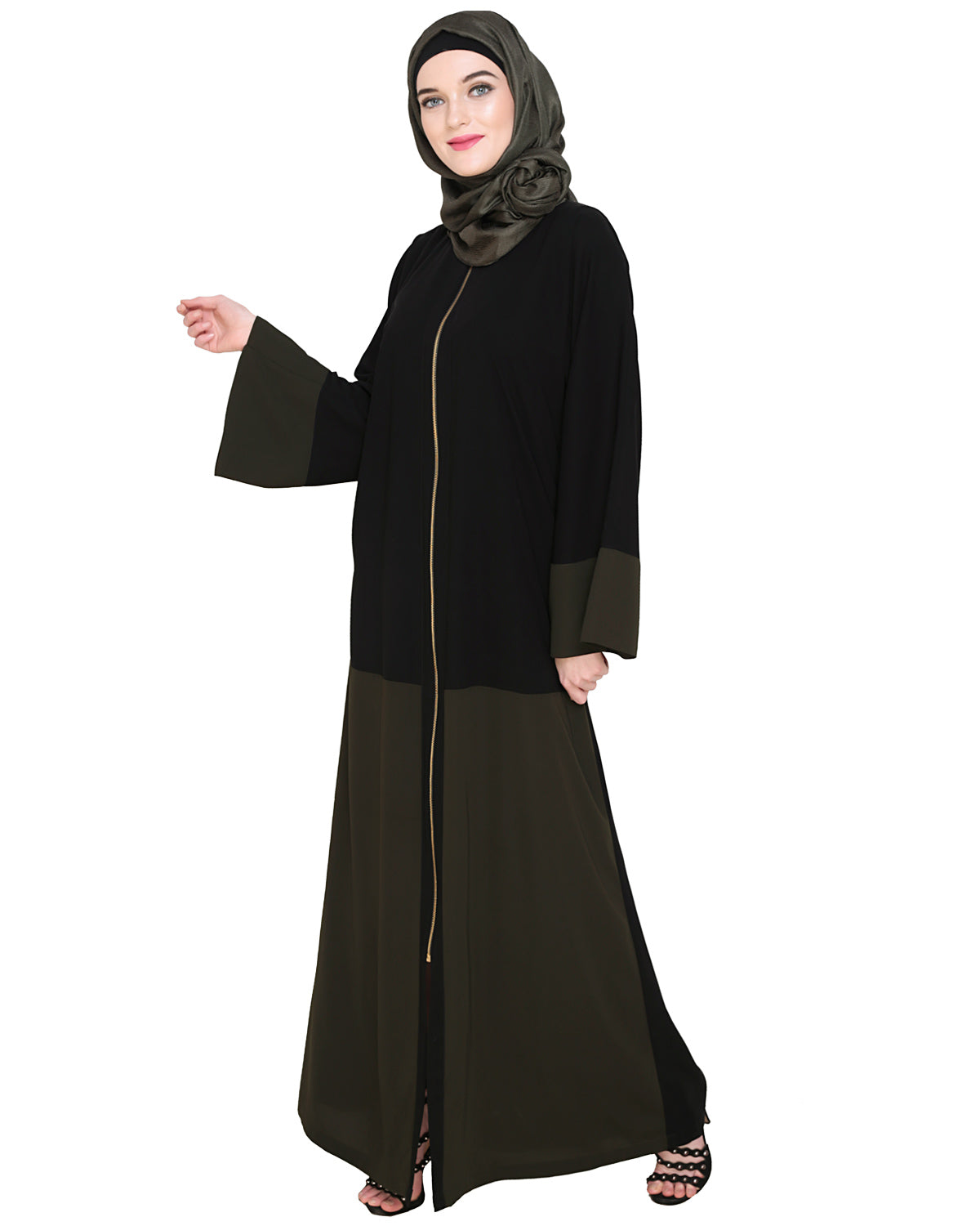 Dazzling Zip-Up Abaya Olive