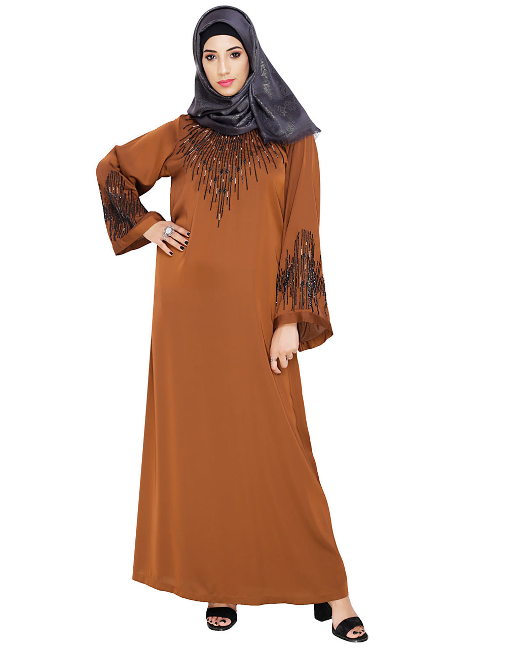 Ornate Black Dubai Style Abaya Brown