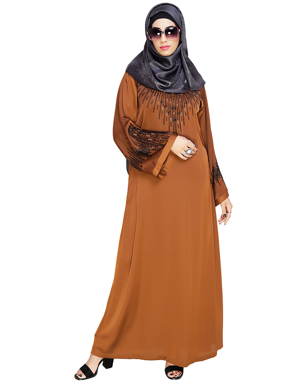 Ornate Black Dubai Style Abaya Brown