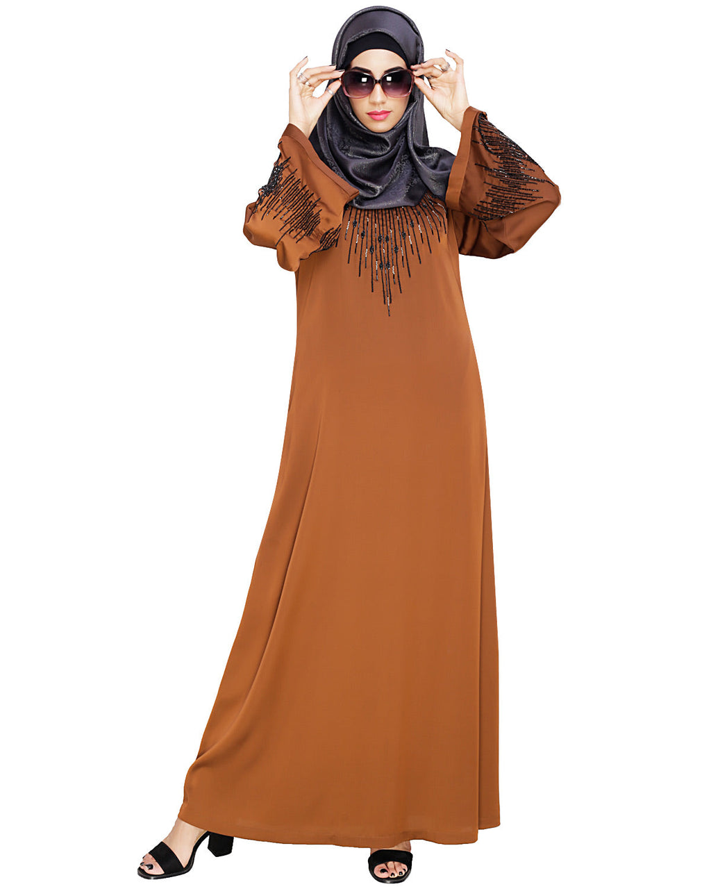 Ornate Black Dubai Style Abaya Brown