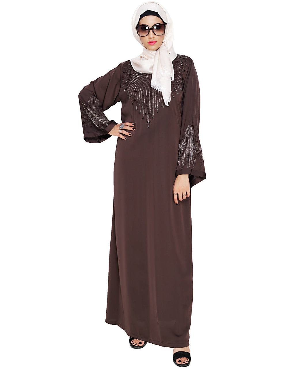 Ornate Black Dubai Style Abaya Dark Brown
