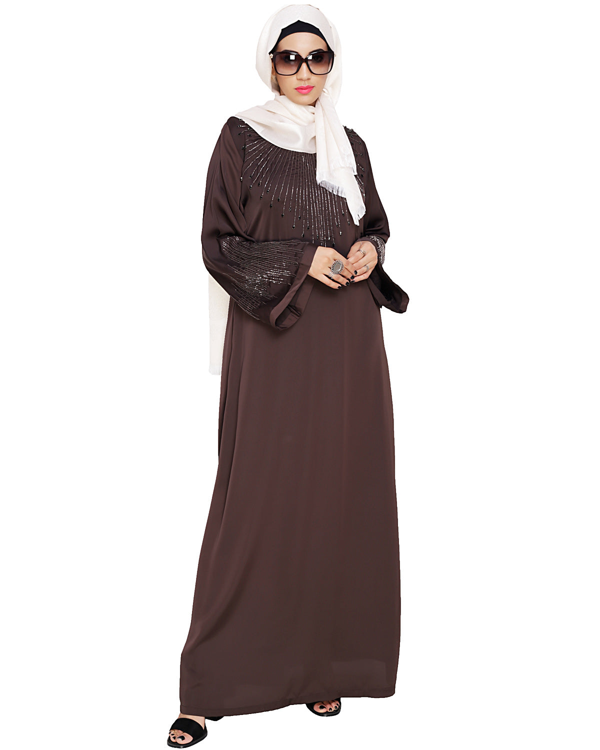 Ornate Black Dubai Style Abaya Dark Brown
