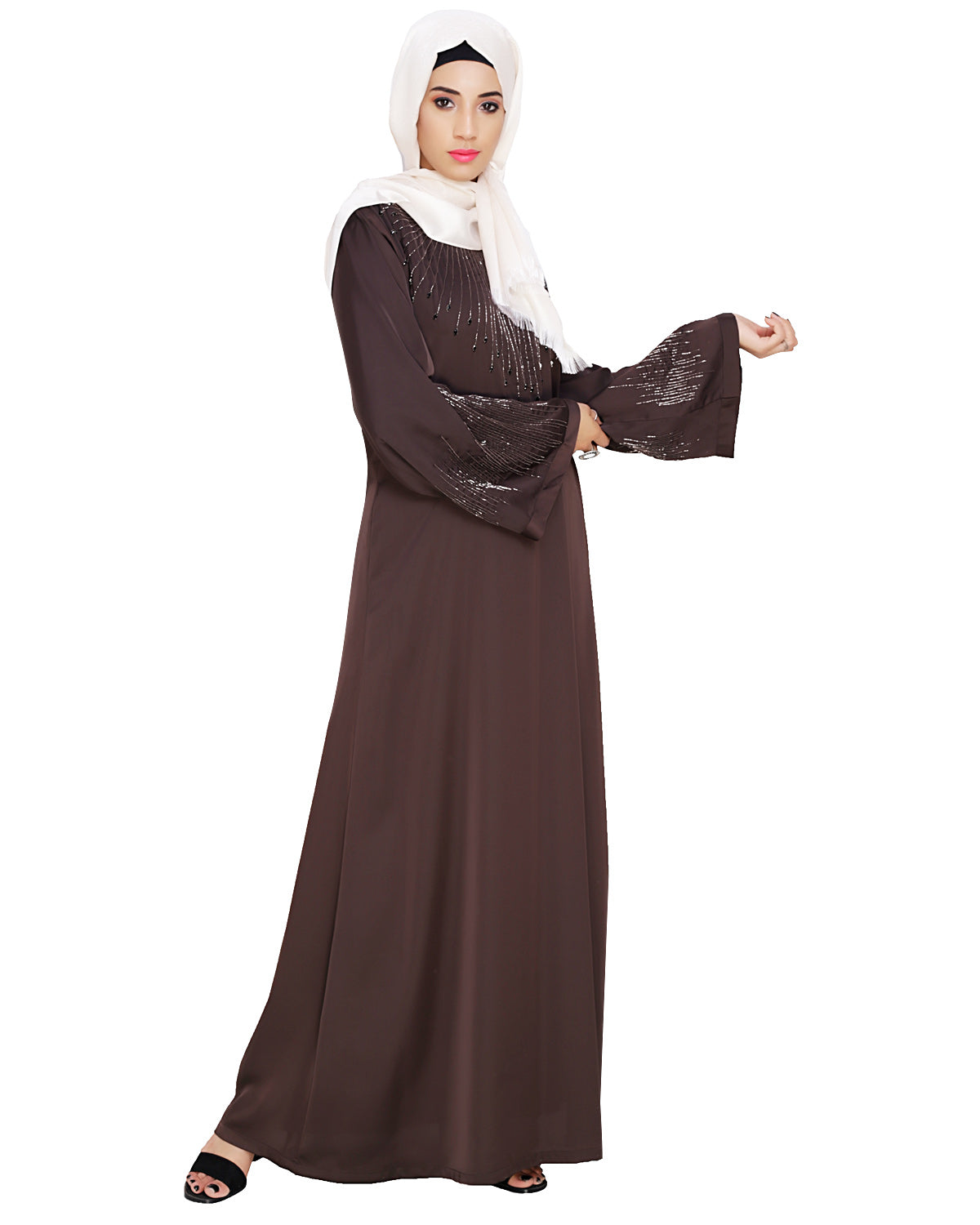 Ornate Black Dubai Style Abaya Dark Brown