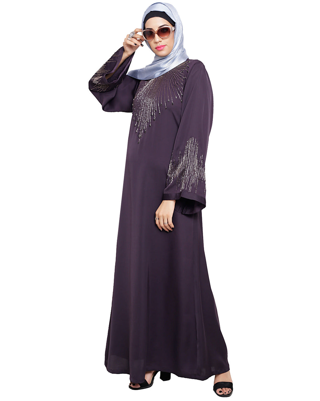 Ornate Black Dubai Style Abaya Dark Purple