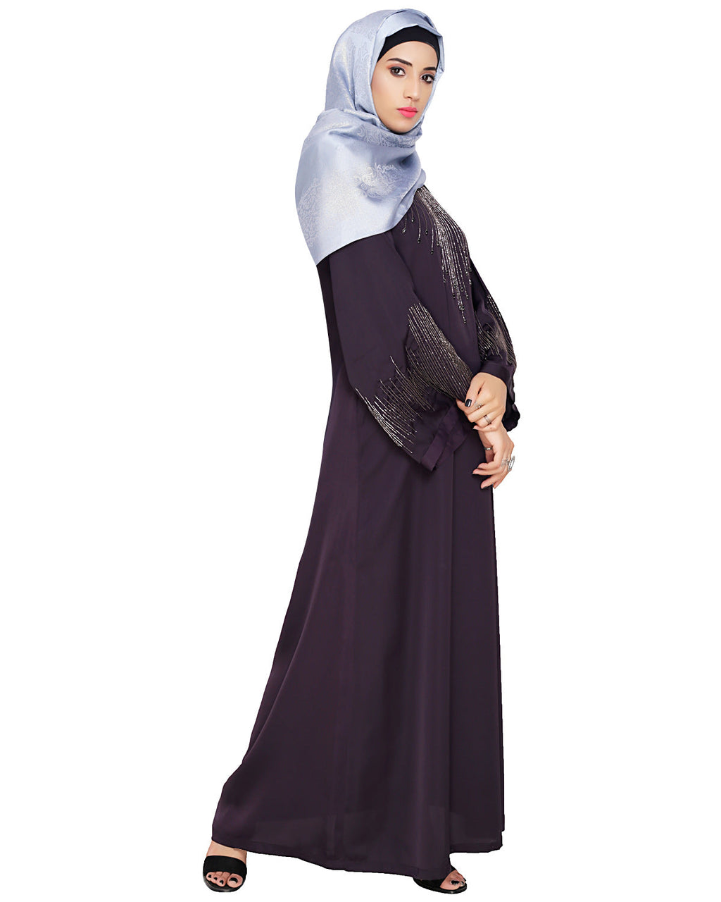 Ornate Black Dubai Style Abaya Dark Purple