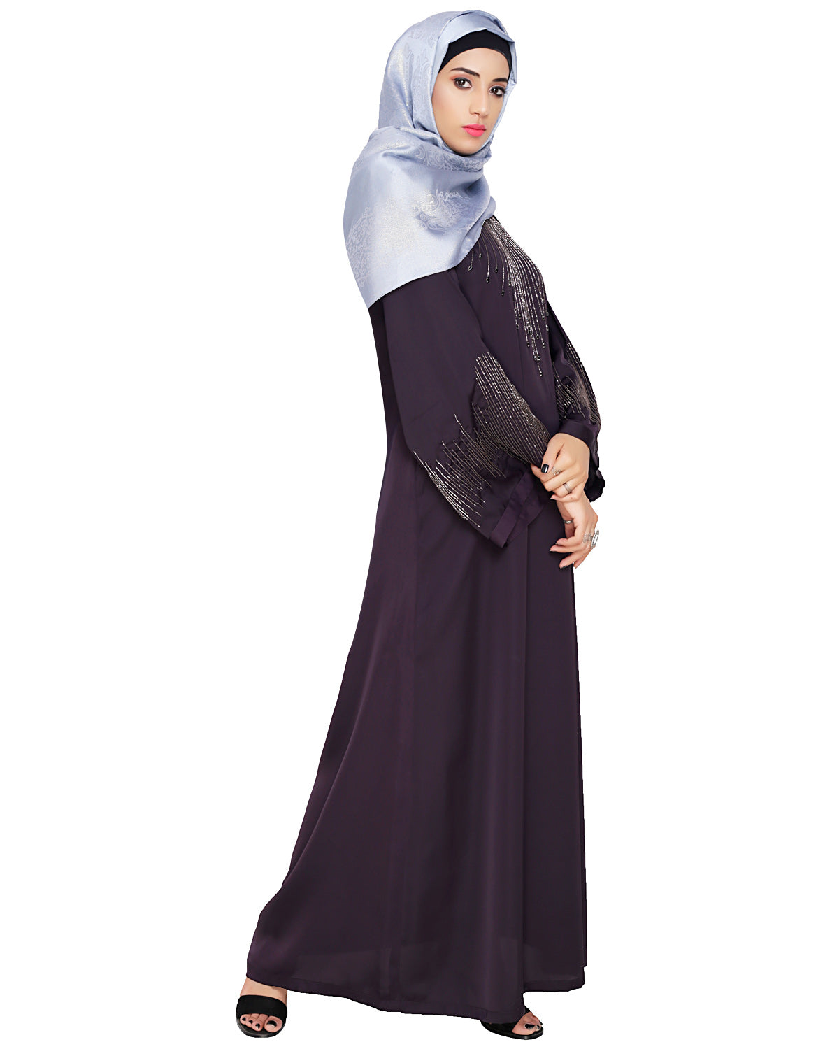 Ornate Black Dubai Style Abaya Dark Purple