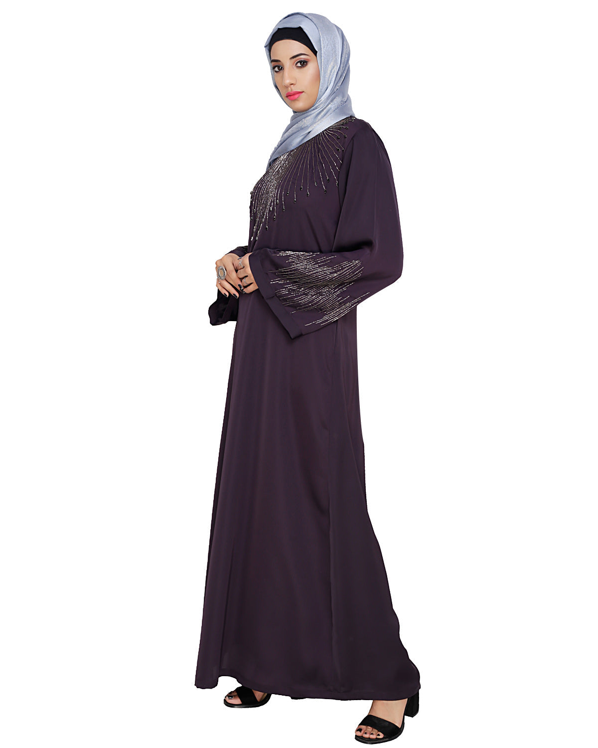 Ornate Black Dubai Style Abaya Dark Purple