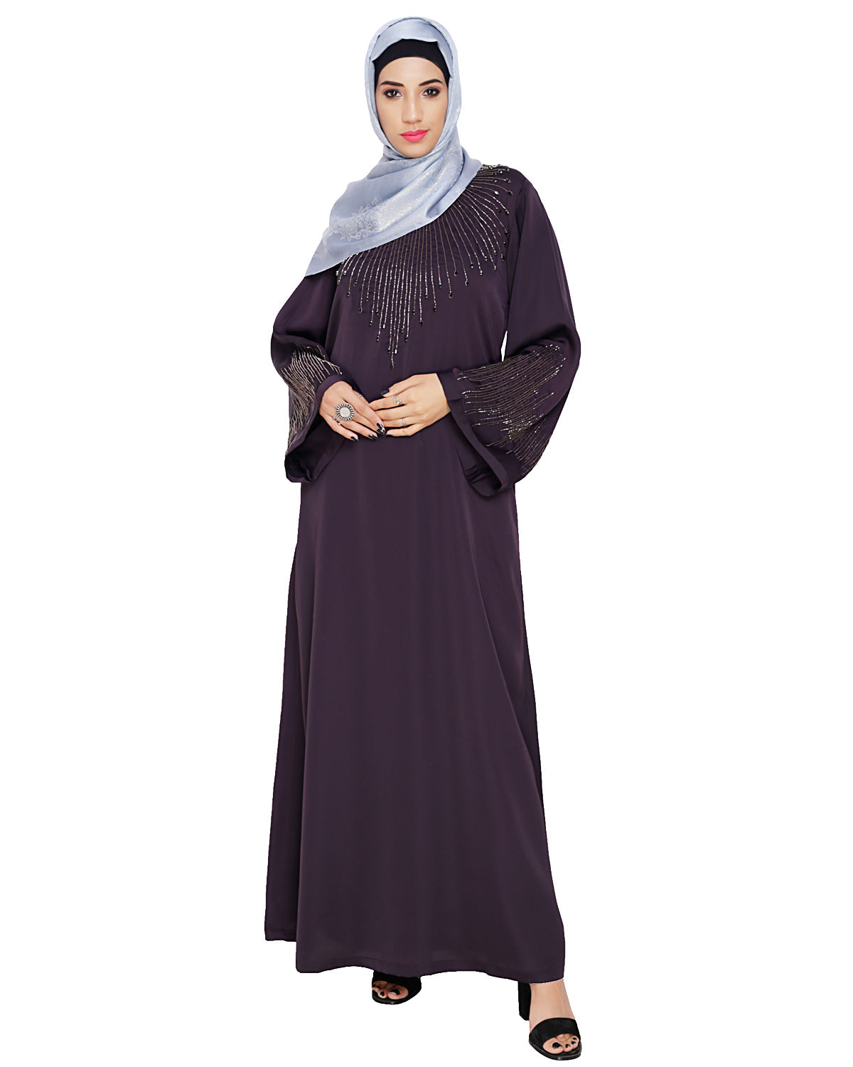 Ornate Black Dubai Style Abaya Dark Purple