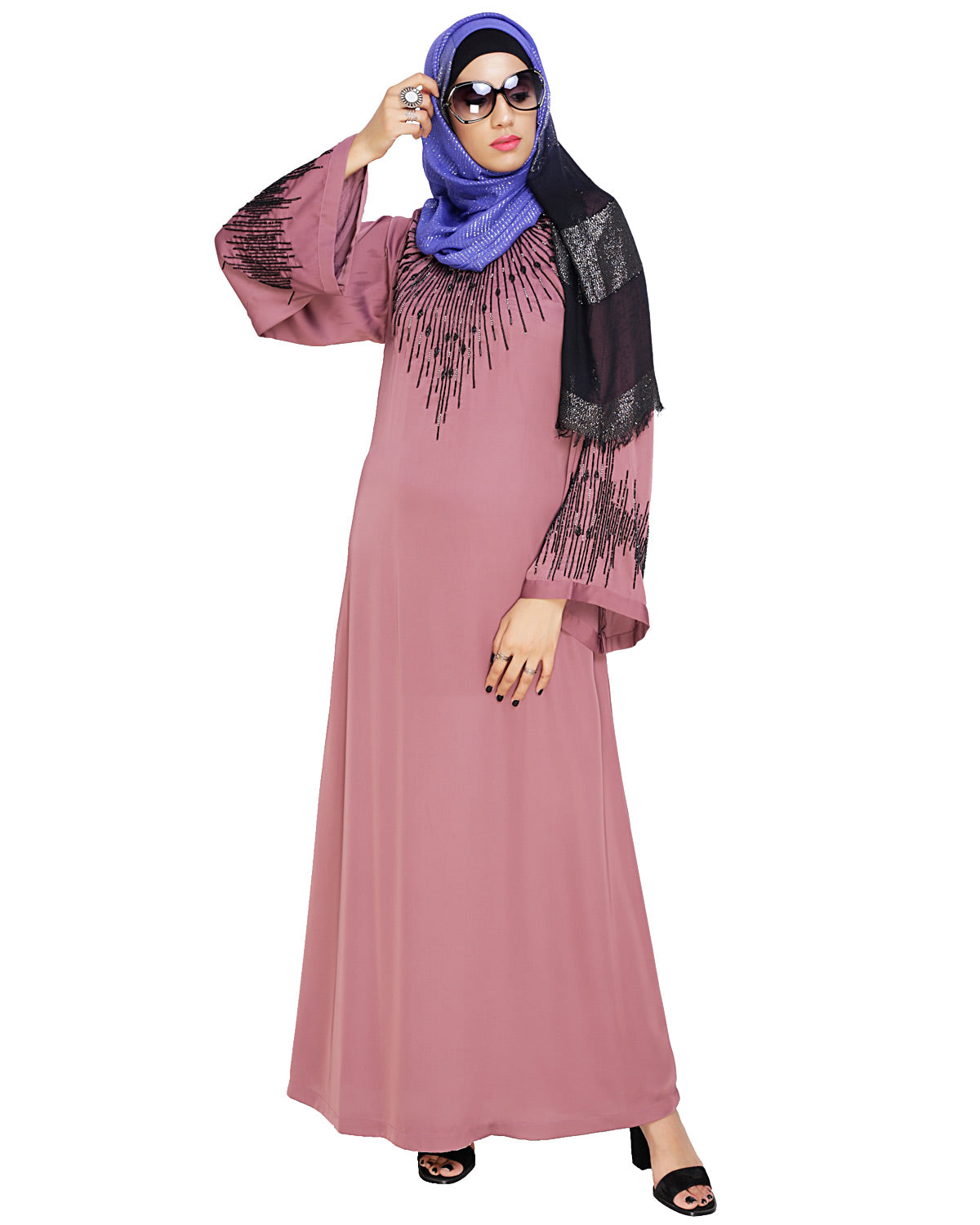 Ornate Black Dubai Style Abaya Onion Pink