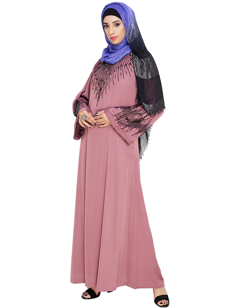 Ornate Black Dubai Style Abaya Onion Pink