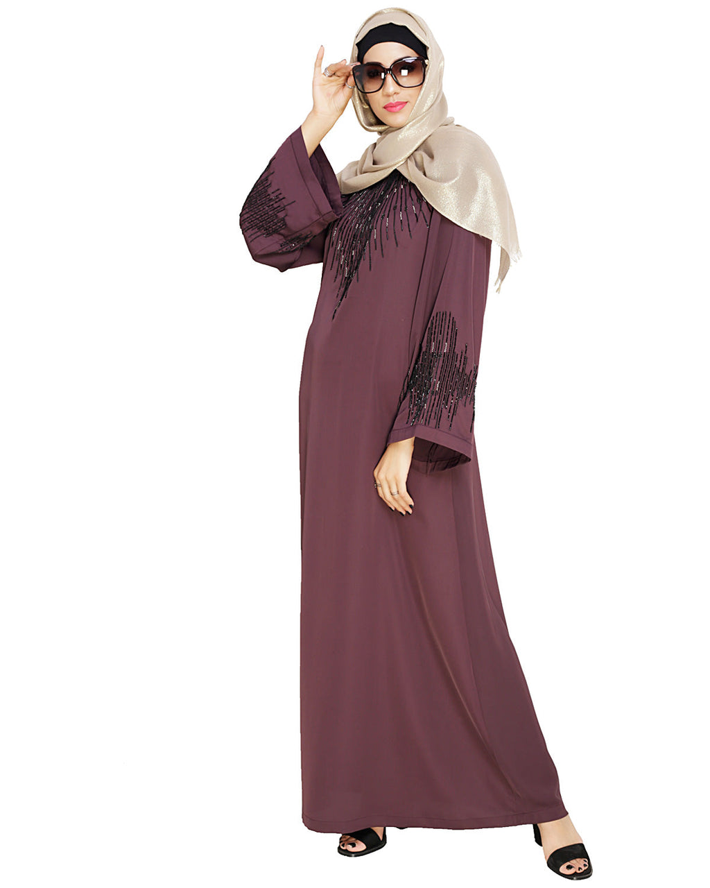 Ornate Black Dubai Style Abaya Purple