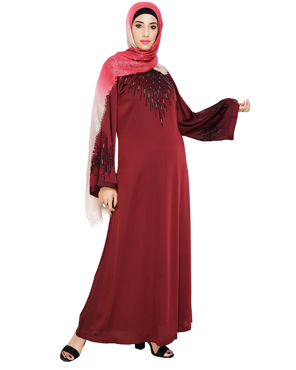 Ornate Black Dubai Style Abaya Wine