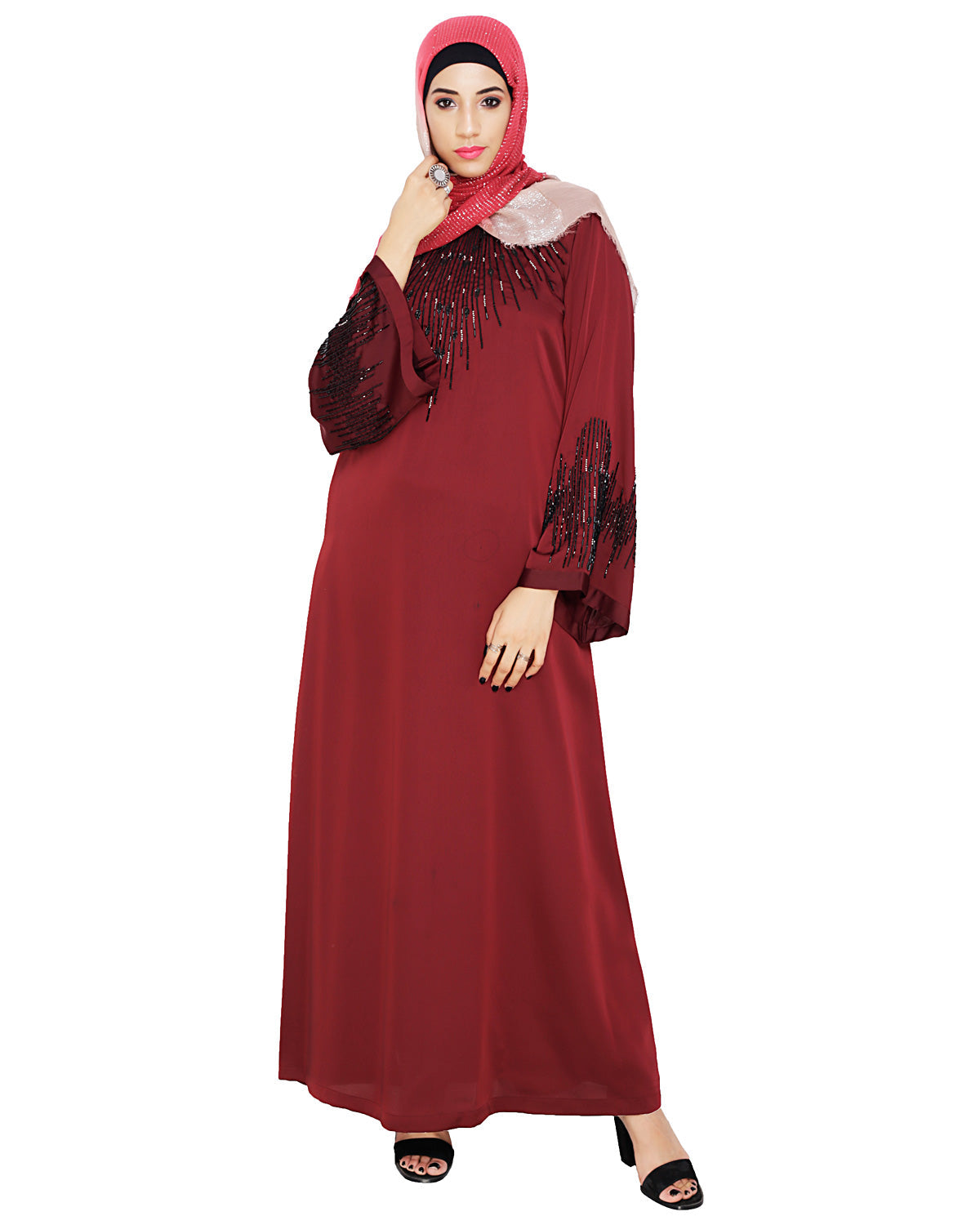 Ornate Black Dubai Style Abaya Wine