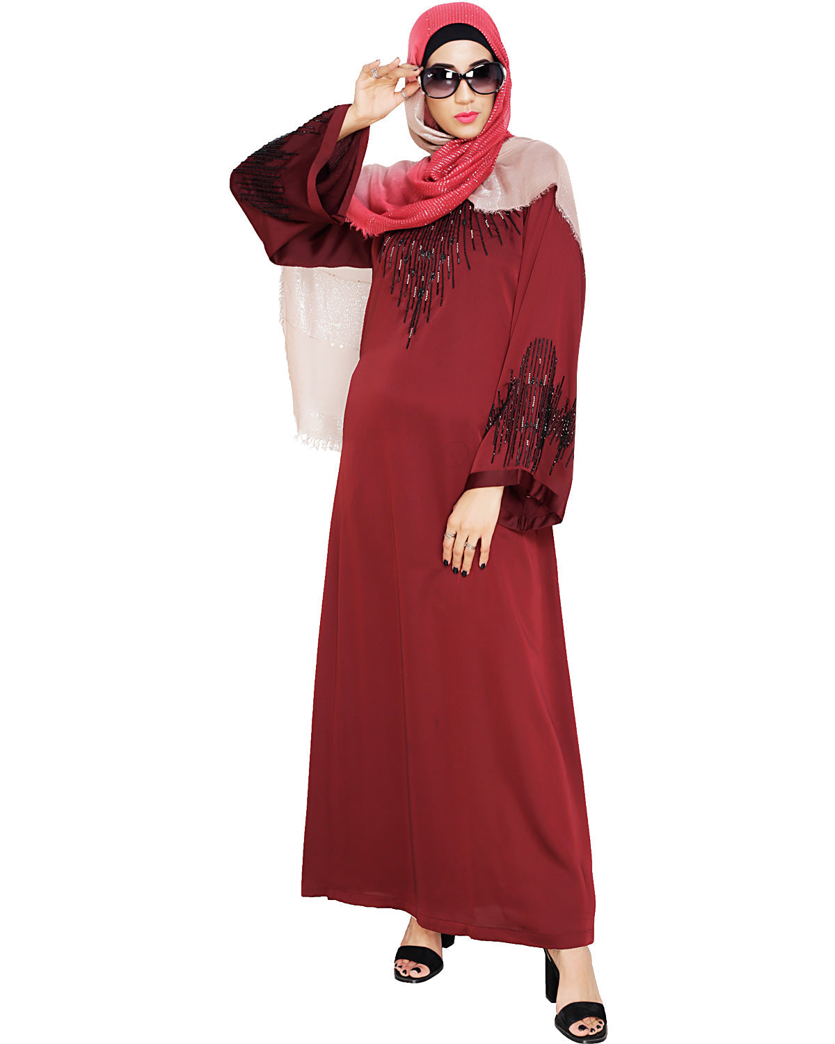 Ornate Black Dubai Style Abaya Wine