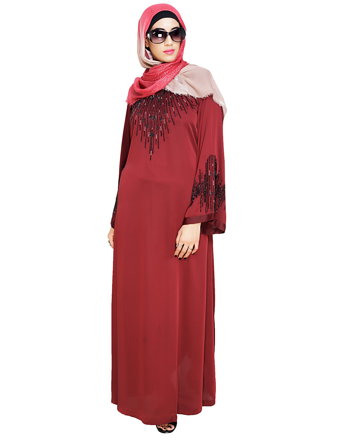 Ornate Black Dubai Style Abaya Wine