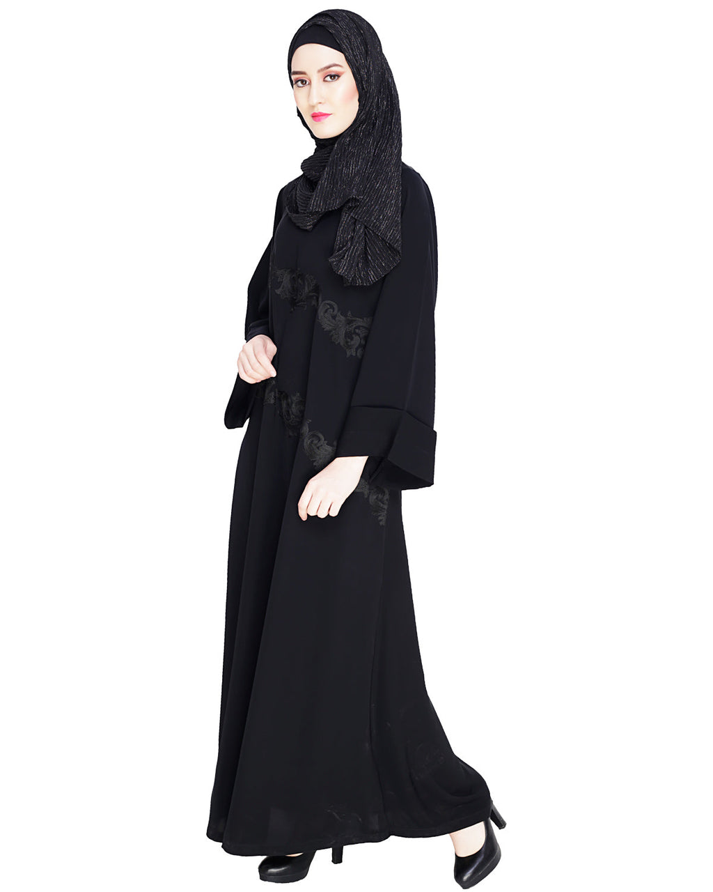 Fancy Motif Embroidered Dubai Style Abaya Black