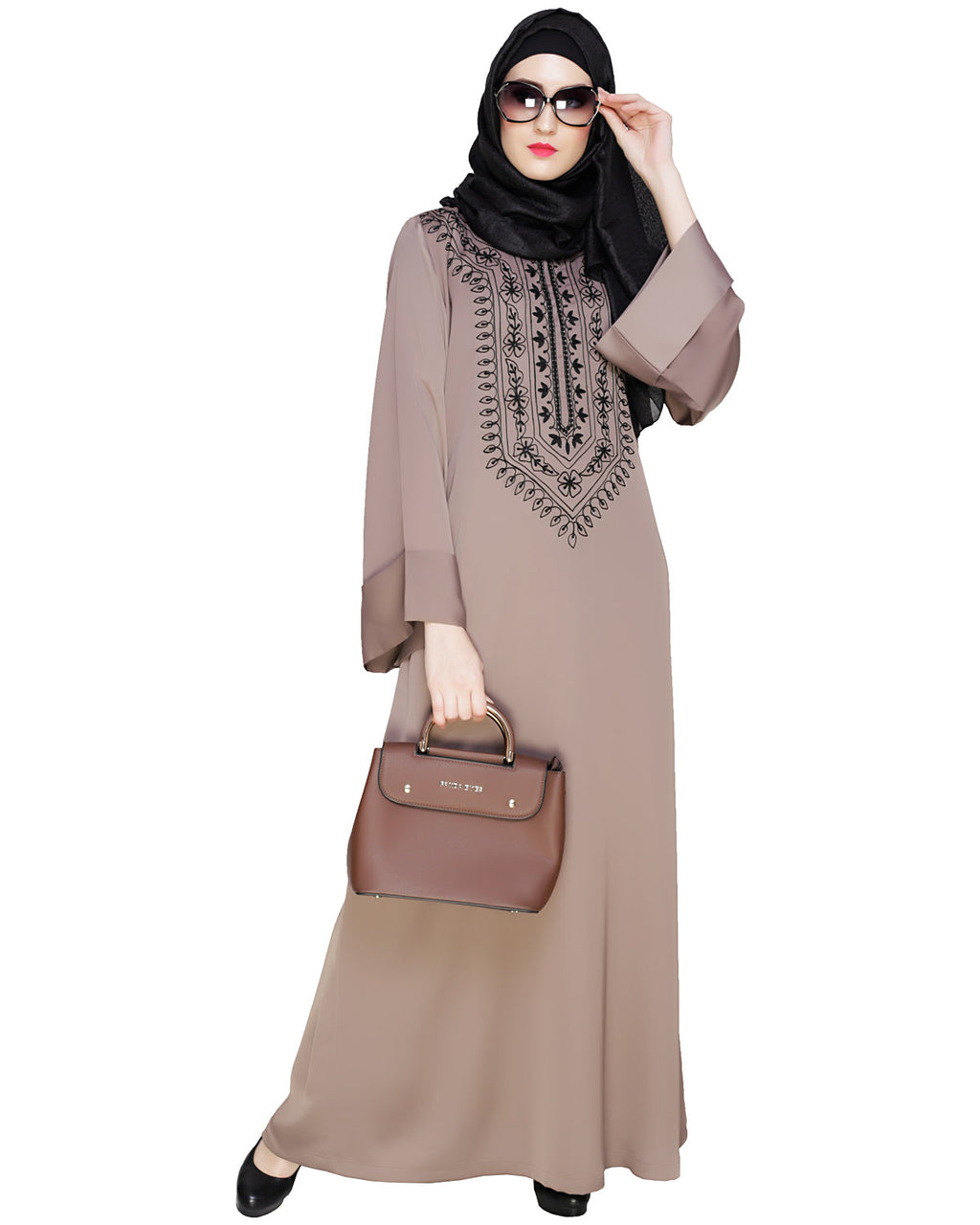 Floral Embellished Dubai Style Abaya Brown