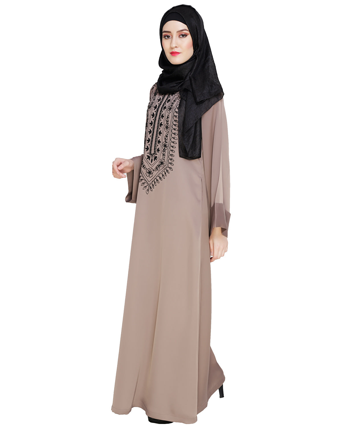 Floral Embellished Dubai Style Abaya Brown