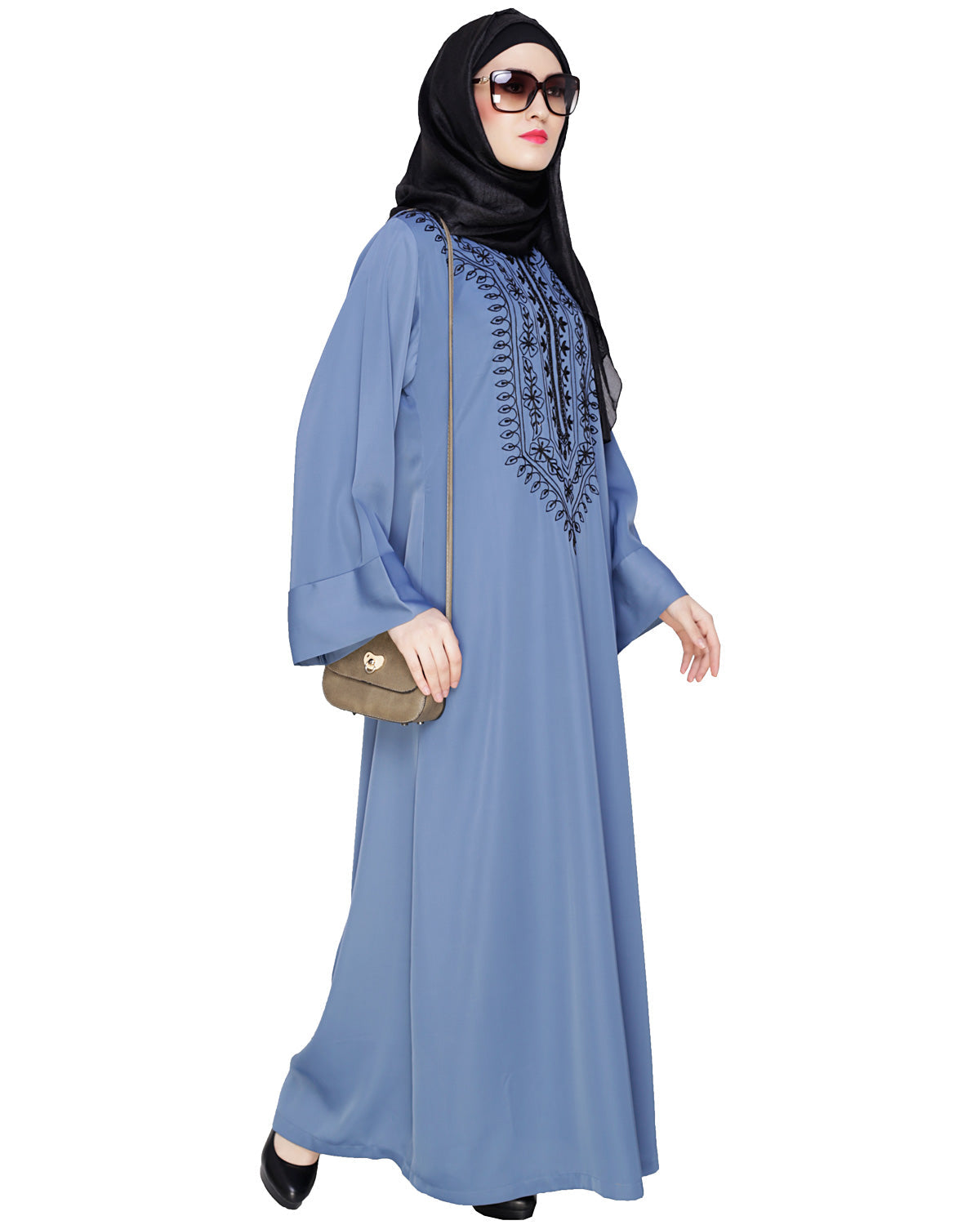 Floral Embellished Dubai Style Abaya Steel Blue