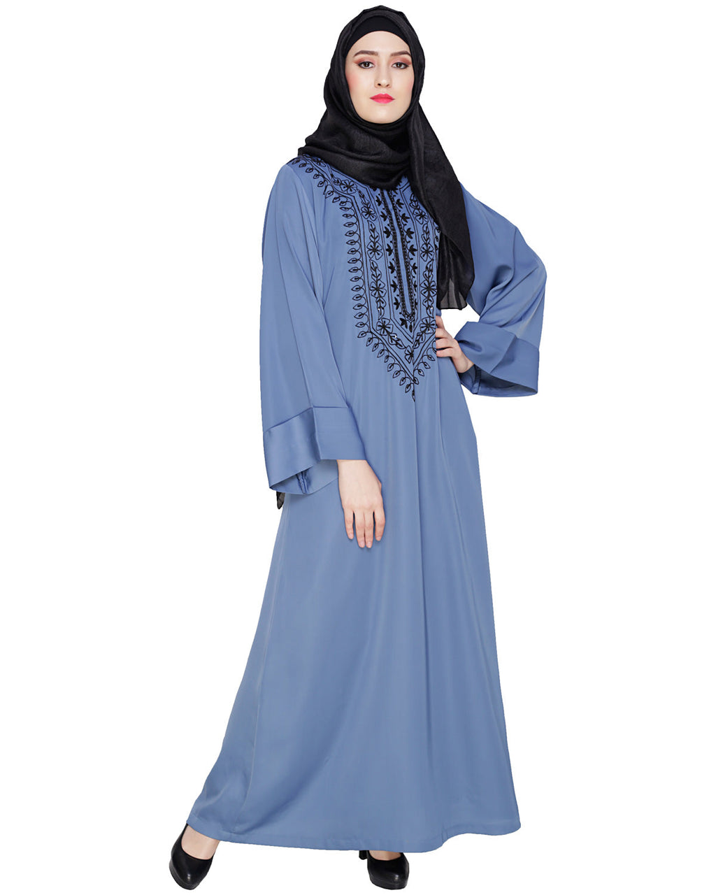 Floral Embellished Dubai Style Abaya Steel Blue