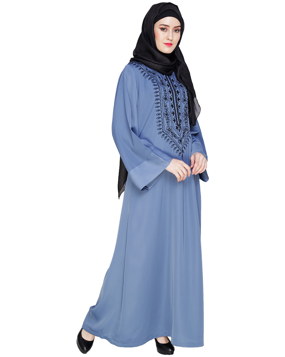 Floral Embellished Dubai Style Abaya Steel Blue