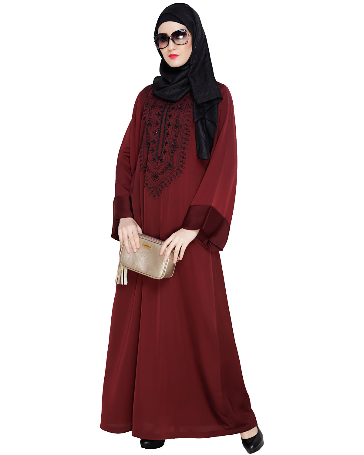 Floral Embellished Dubai Style Abaya Wine