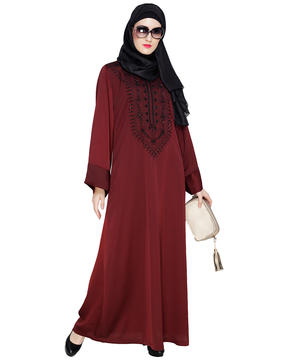 Floral Embellished Dubai Style Abaya Wine