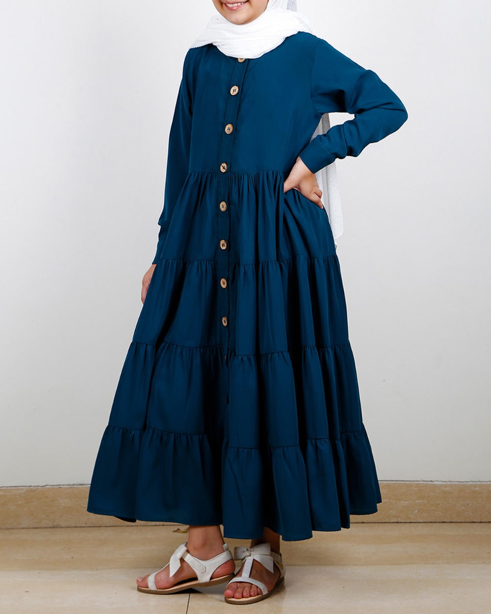 Contemporary Multi Layered Gather Kids Abaya Blue