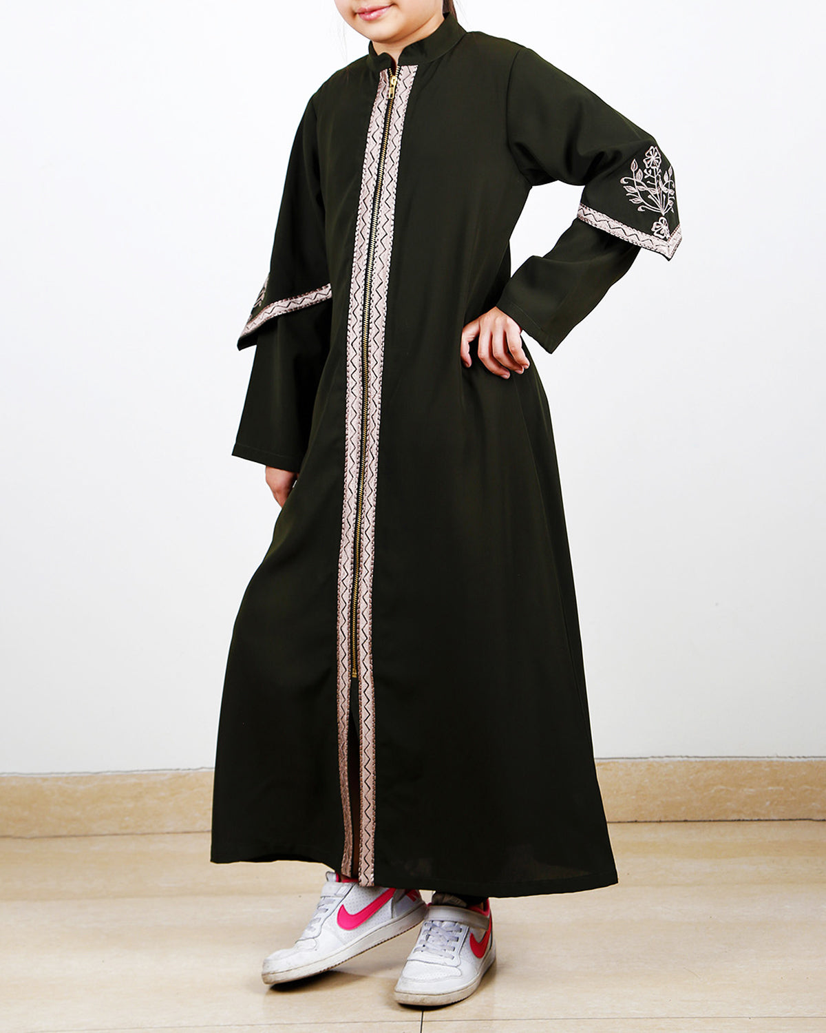 Bygone Front Zipper Kids Abaya Bottel Green