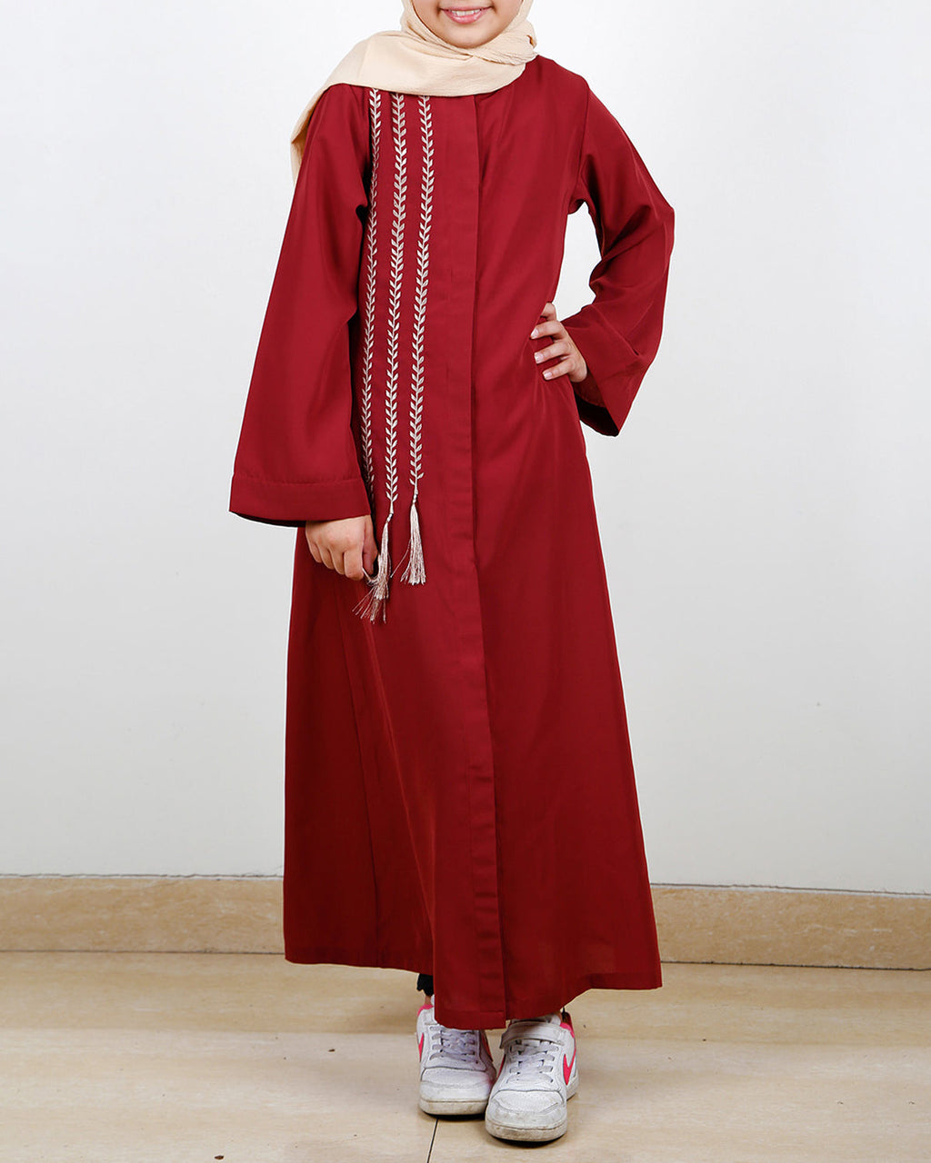 Elegant Brick Red Embroidered Kids Abaya Brick Red