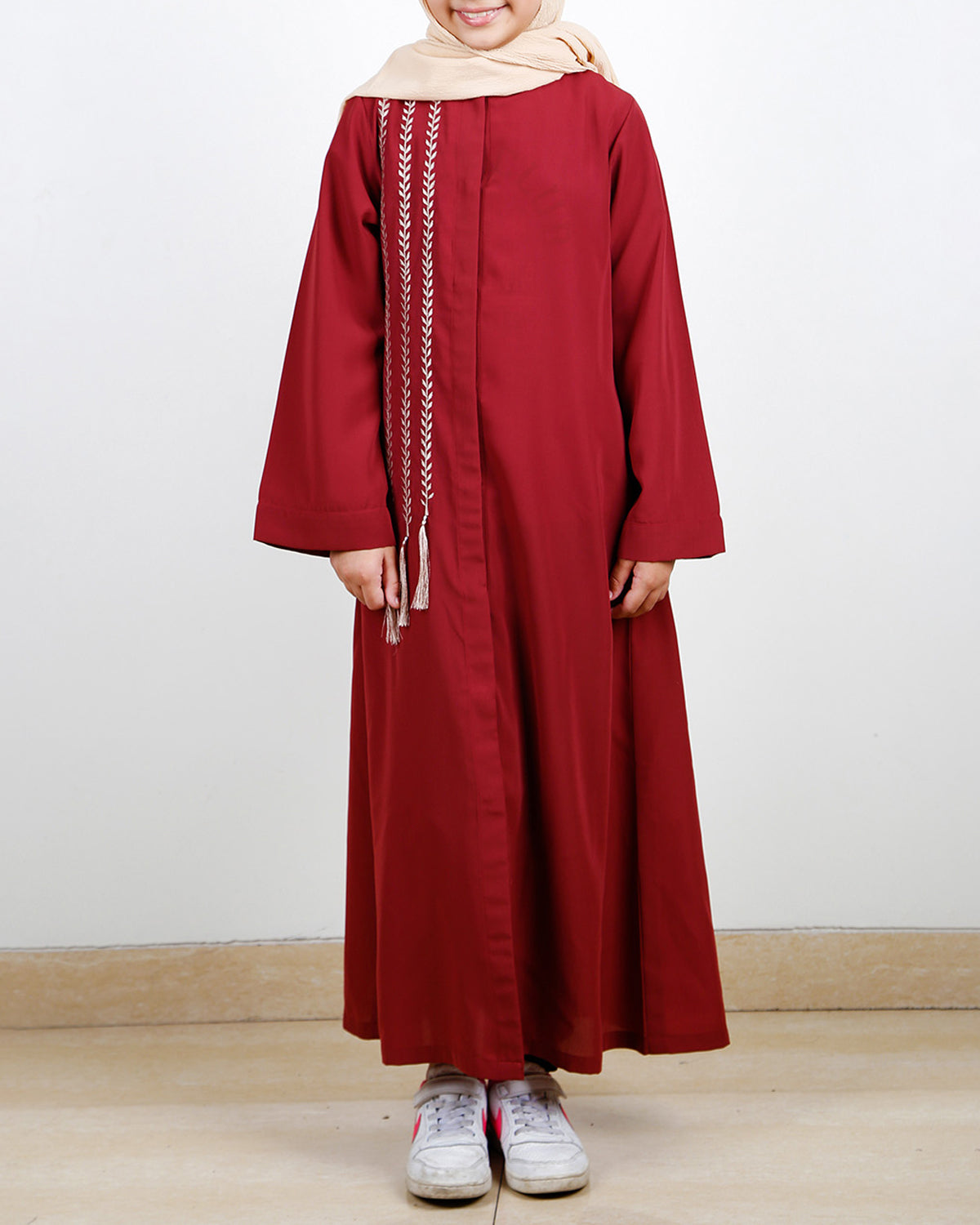 Elegant Brick Red Embroidered Kids Abaya Brick Red