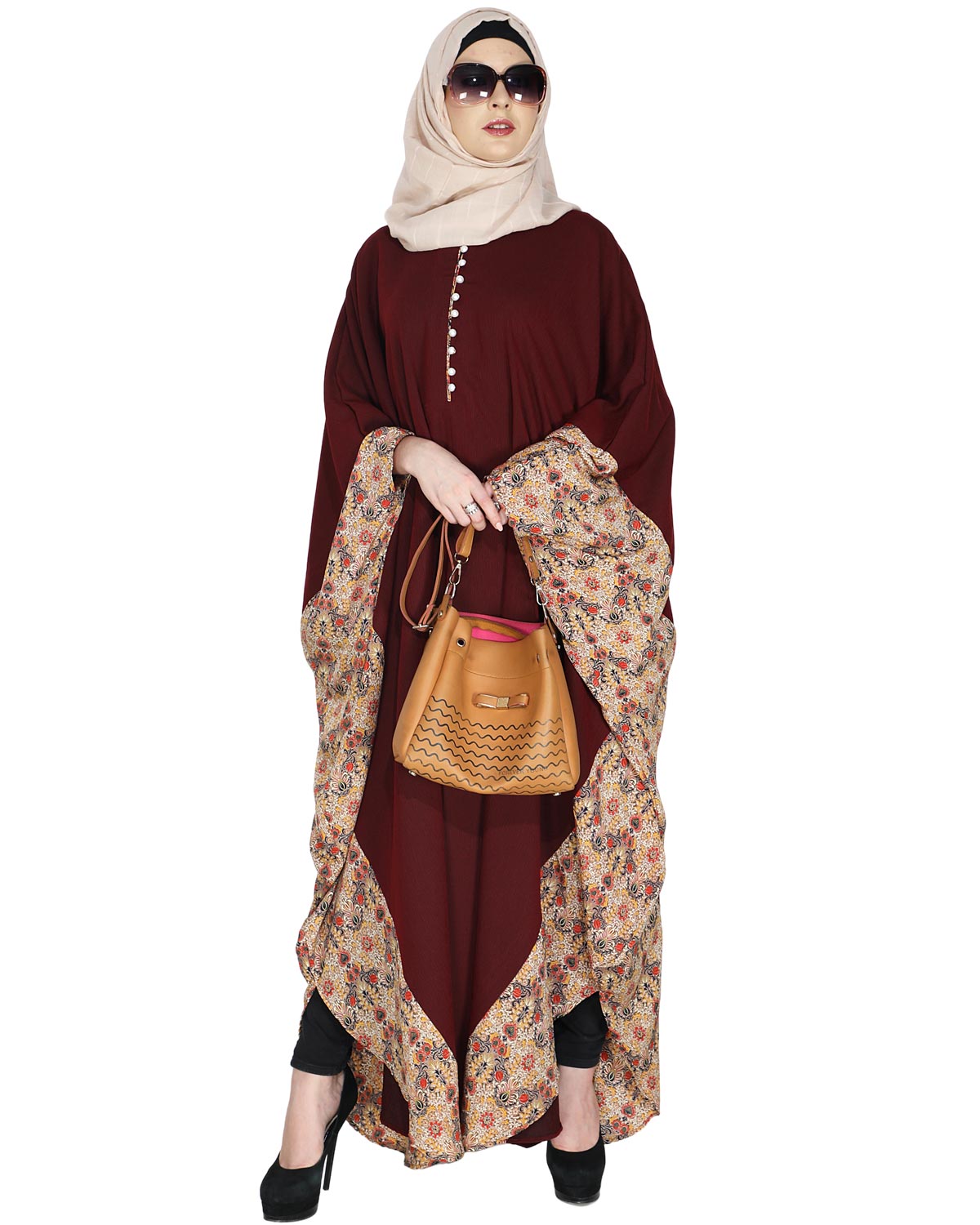 Floret Printed Dark Brown Kaftan Wine