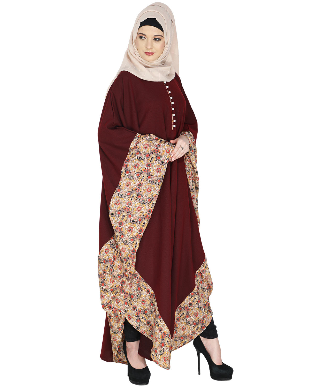 Floret Printed Dark Brown Kaftan Wine
