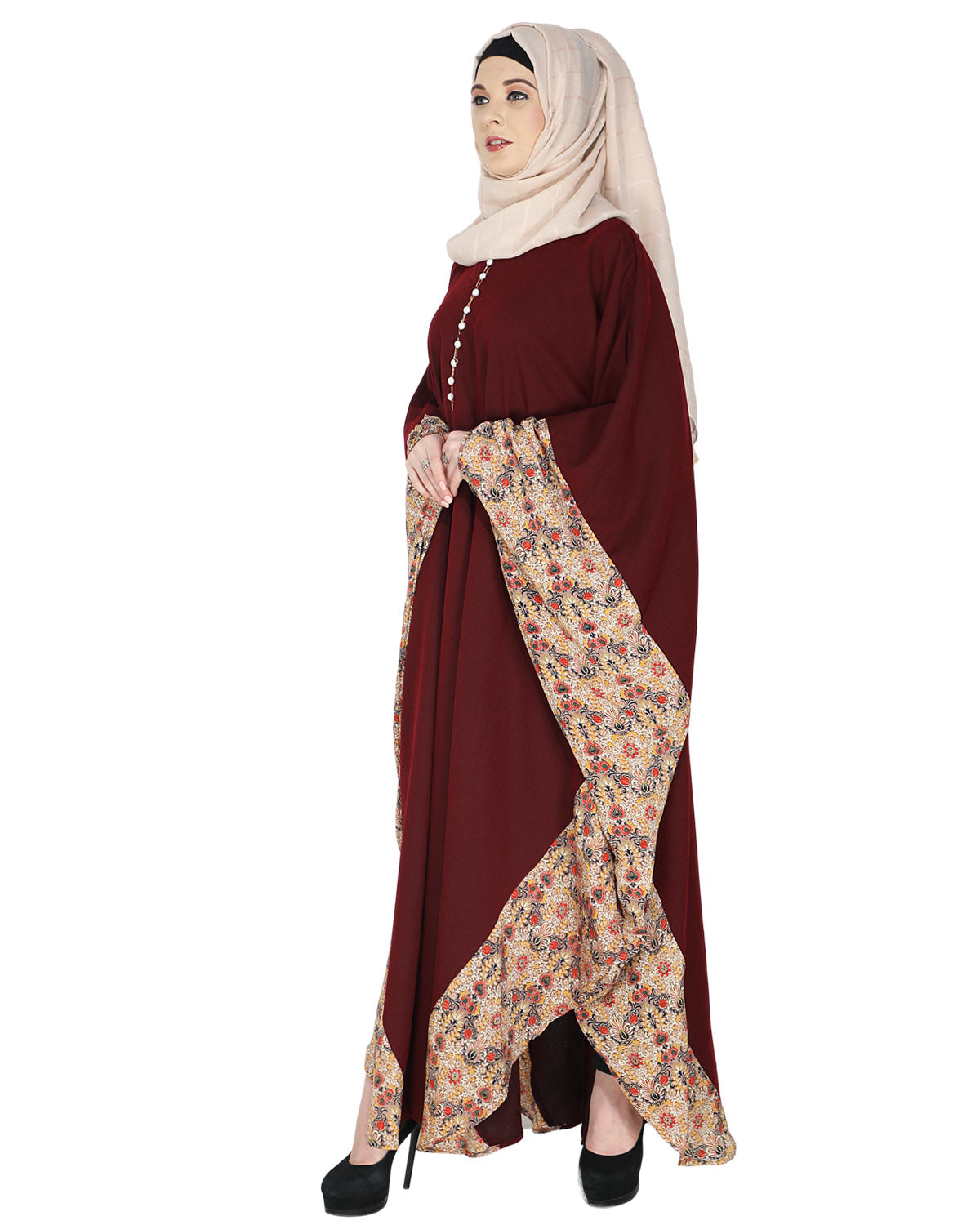 Floret Printed Dark Brown Kaftan Wine