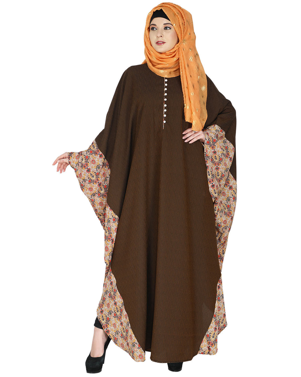 Floret Printed Dark Brown Kaftan Mustard Brown