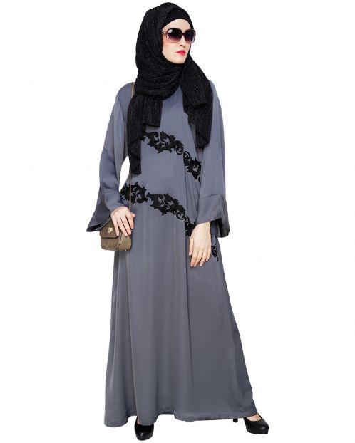 Fancy Embroidered Grey Dubai Style Abaya