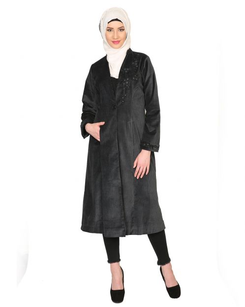 Black Velvet, Pearl Hand-Embroidery Coat Abaya