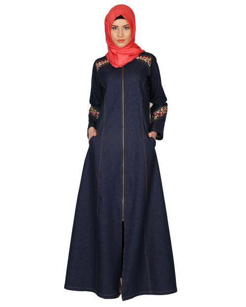 Denim Coat-abaya with pretty hand-embroidery