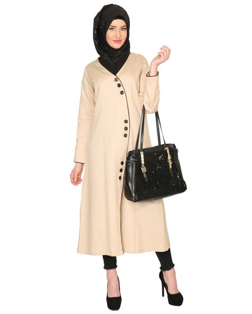 Mid-Calf Coat Style Abaya with Black Detailing