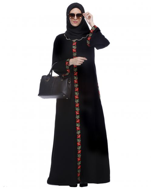 Black Abaya With Multi Coloured Thread Embroidery 