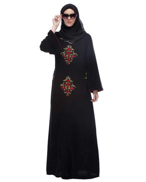 Black Abaya With Multi Coloured Thread Embroidery