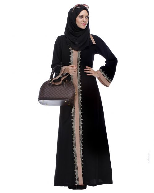 Black And Fawn Abaya With Gold Zari Embroidery