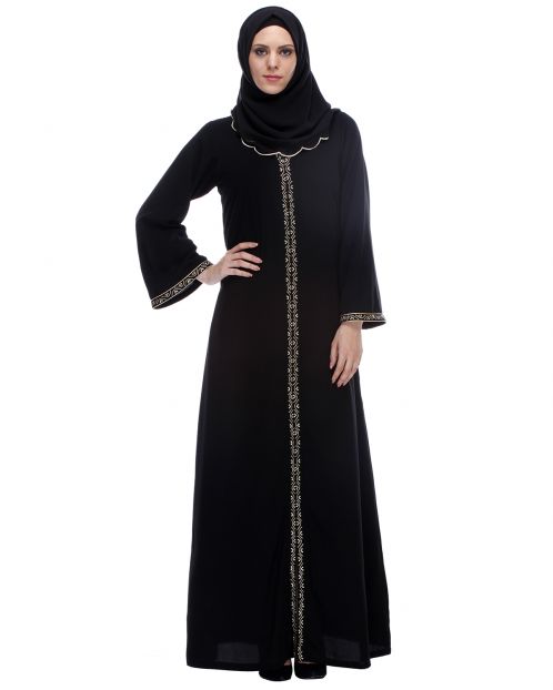 Classic Black Abaya With Golden Zari Embroidery