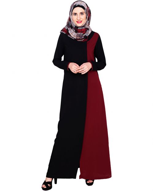 Black Abaya With Wine Panel