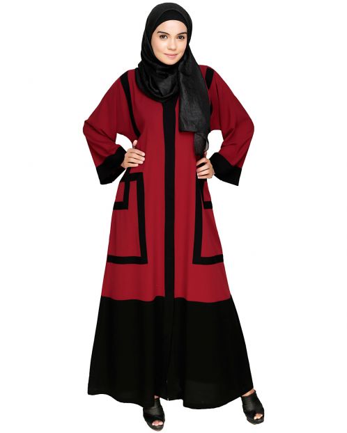 Quirky Dubai Style Maroon Abaya with detailing