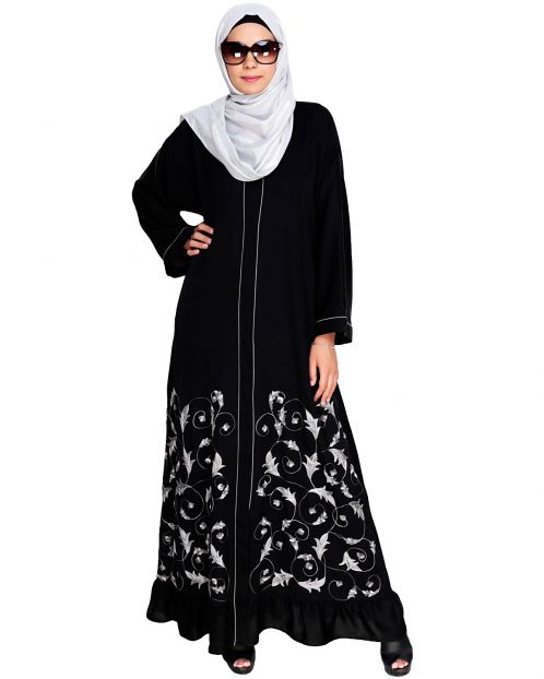 Magnificent Black Gathers Embroidered  Dubai Style Abaya