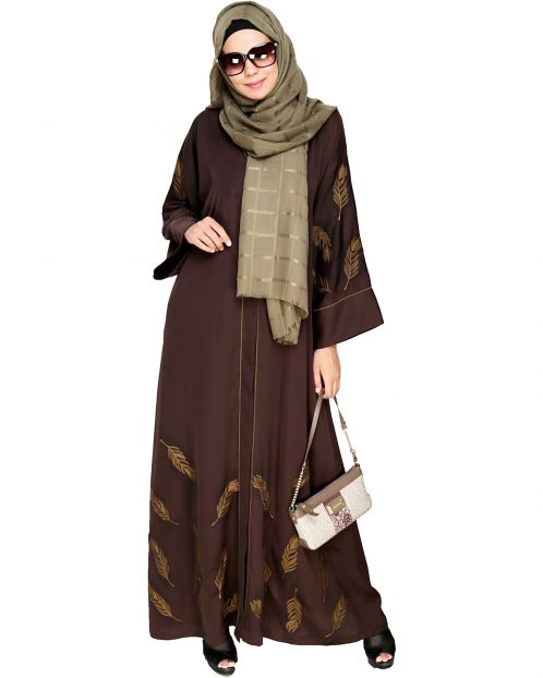Feather Embroidered Dubai Style Dark brown Abaya