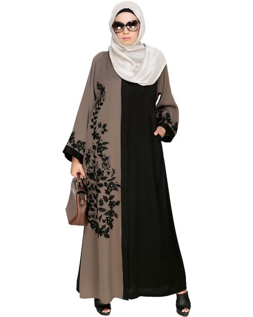 Wanderlust Mud Brown & Black Embroidery  Dubai Style Abaya